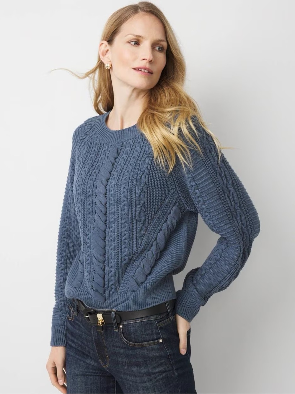 White House Black Market Slate Blue Cable Knit Crewneck Sweater